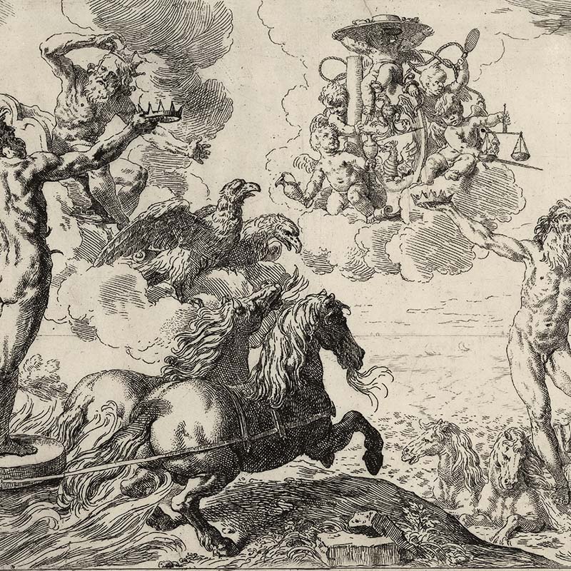 Jupiter, Pluto and Neptune, offer their crowns to the arms of cardinal Borghese 